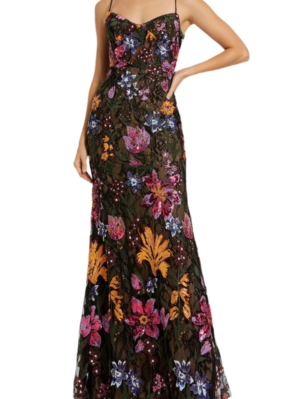 Mac Duggal Black Floral Sequin Maxi Gown with Pink Purple Orange Accents